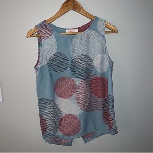 Iight blue dress tank top with white, red and brown details